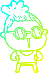 cold gradient line drawing cartoon tough woman wearing spectacles