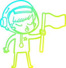 cold gradient line drawing cartoon pretty astronaut girl planting flag