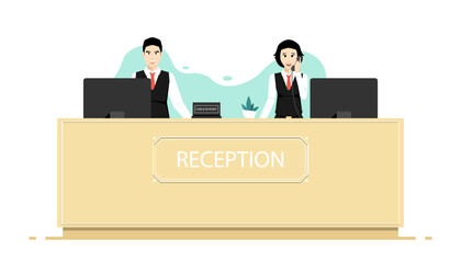 Human receptionist in front of counter desk, Digital marketing illustration.