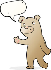 cartoon happy waving bear with speech bubble