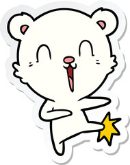 sticker of a happy cartoon polar bear kicking