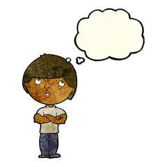 cartoon happy man with folded arm with thought bubble