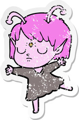 distressed sticker of a cartoon alien girl