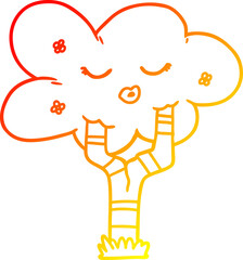 warm gradient line drawing cartoon tree with face