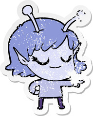distressed sticker of a smiling alien girl cartoon