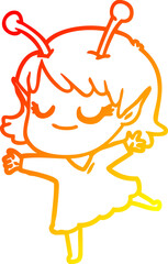 warm gradient line drawing smiling alien girl cartoon dancing