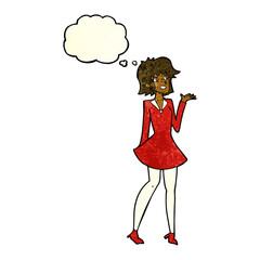 cartoon pretty woman in dress with thought bubble