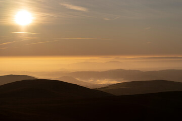 Welsh countryside sunset view from the Berwyn mountains