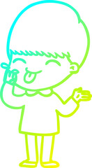 cold gradient line drawing cartoon boy sticking out tongue