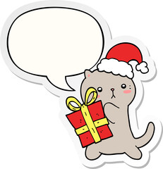 cute cartoon cat carrying christmas present and speech bubble sticker