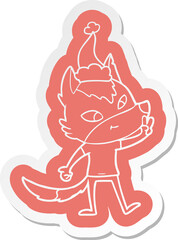 friendly cartoon  sticker of a wolf giving peace sign wearing santa hat