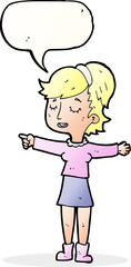 cartoon happy woman pointing with speech bubble