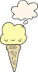 cartoon ice cream with face and thought bubble in comic book style