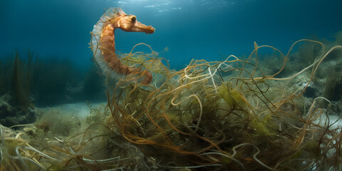 Seahorse fish and plastic garbage. Plastic pollution in ocean problem. Generative AI.