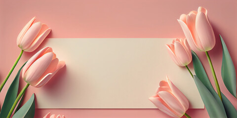Empty clean solid pink background with fresh tulip flowers and copy space. Springtime holidays horizontal greeting card template. AI generative