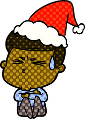 comic book style illustration of a man sweating wearing santa hat