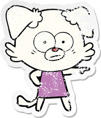distressed sticker of a nervous cartoon dog in dress pointing