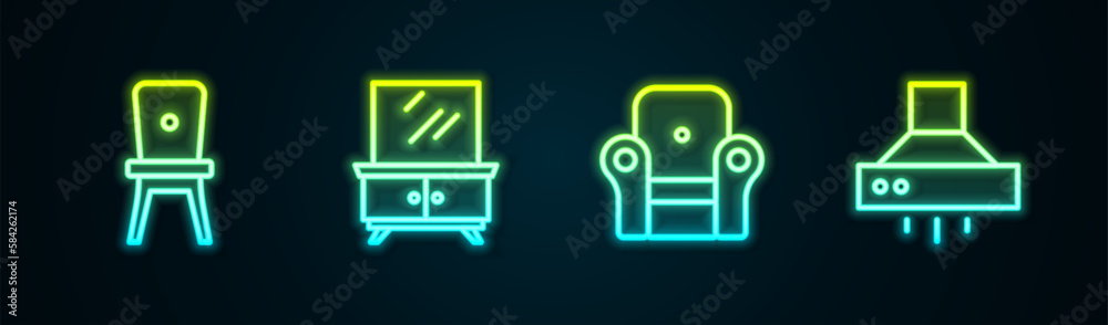 Canvas Prints set line chair, dressing table, armchair and kitchen extractor fan. glowing neon icon. vector