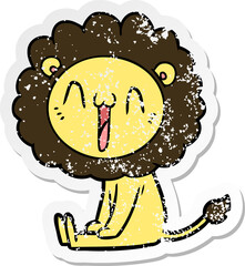 distressed sticker of a happy cartoon lion