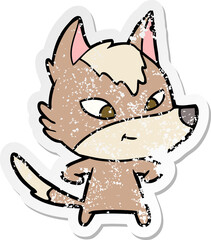distressed sticker of a friendly cartoon wolf