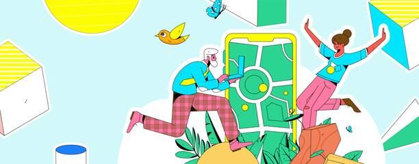 Vector internet operation hand-drawn illustration of people exercising and running healthy
