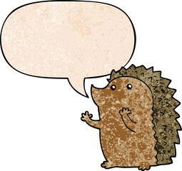 cartoon hedgehog and speech bubble in retro texture style