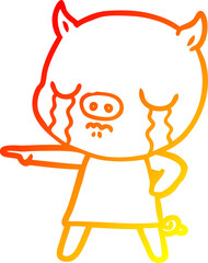 warm gradient line drawing cartoon pig crying pointing