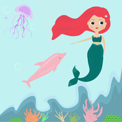 Cute mermaid with dolfine vector illustration for children books, greeting card, kids fashion artworks.