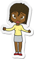 sticker of a cartoon woman shrugging shoulders