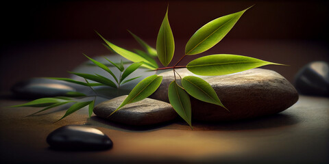 image of bamboo stones and leaves background for wellness spa treatments, generative AI