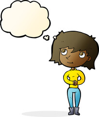 cartoon friendly woman with thought bubble