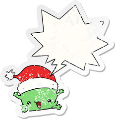 cute cartoon christmas frog and speech bubble distressed sticker