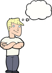 cartoon muscular man with thought bubble