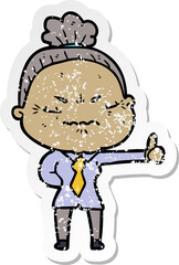 distressed sticker of a cartoon annoyed old lady