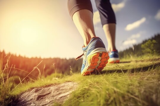 Man running on sunny morning. Healthy trail running. Closeup of running shoes of a man running in nature. Generative AI