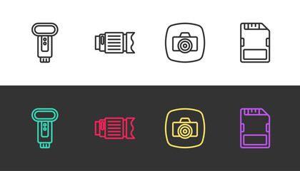 Set line Photo camera flash, Camera photo lens, and SD card on black and white. Vector
