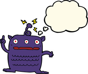cartoon weird little alien with thought bubble