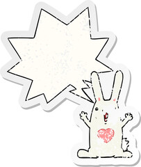 cartoon rabbit in love and speech bubble distressed sticker