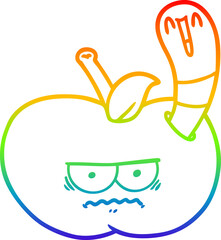 rainbow gradient line drawing cartoon worm eating an angry apple