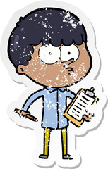 distressed sticker of a cartoon curious boy taking notes