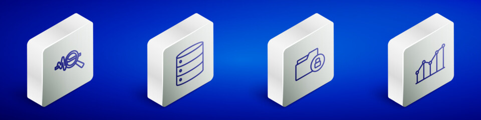 Set Isometric line Search data analysis, Server, Folder and lock and Pie chart infographic icon. Vector