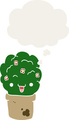 cartoon shrub in pot and thought bubble in retro style