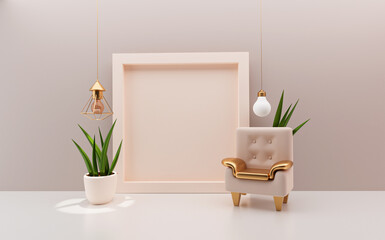 Beige room with armchair, flowerpot,golden lamp, empty frames with place for text. Minimalism concept.scandinavian room interior.3d render