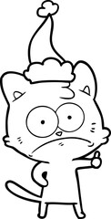 line drawing of a nervous cat wearing santa hat