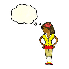 cartoon intelligent woman with thought bubble