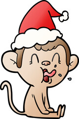 crazy gradient cartoon of a monkey sitting wearing santa hat
