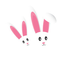 Isolated Happy Easter Template, Card Design - A Couple of Funny Cute White Bunnies with Long Ears - Design with Copyspace on Transparent Background