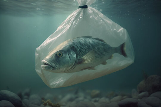 Fish in a plastic bag. Water pollution concept. ecological problems. Waste in the ocean. Rubbish in nature. generated ai