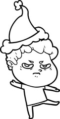 line drawing of a angry man wearing santa hat