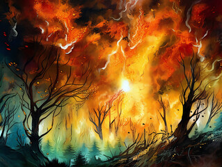 fiery forest landscape, vivid burning trees illustration, ecological catastrophe, generative AI